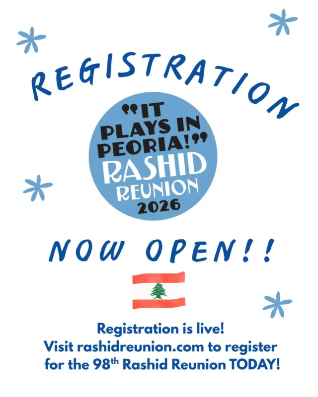 Register today for the 98th Rashid Reunion June 26-28 in Peoria, Illinois! We can’t wait to celebrate, reconnect, and make more unforgettable memories together. The registration link is live in our bio and at rashidreunion.com - don’t wait!

✨ Register by May 1 for a chance to win a swag item of your choice!✨ Thanks for registering EARLY!🇱🇧❤️🤍❤️