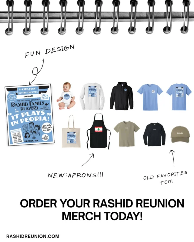 Don’t forget to order your merch! We have a variety of colors and products available for this year including some brand new items along with some  old favorites! There’s something for everyone- Aprons, hats, t shirts, sweatshirts, baby gear and more!! Order yours today before time runs out ⏱️⏱️⏱️ visit rashidreunion.com for the ordering link!
